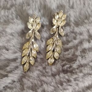 Crystal Leaf Drop Earrings - Silver and Clear